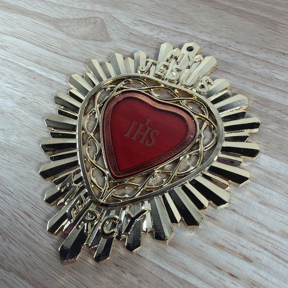 Jesus Mercy Casket Plaque Sacred Heart Gold Tone Metal Vtg Convent Catholic Wall